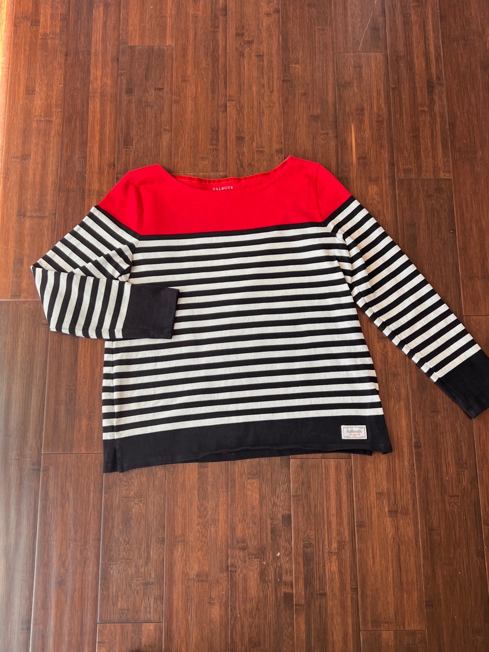TALBOTS Women Black Red White Striped Heavy Cotton Top Large Resort Nautical
